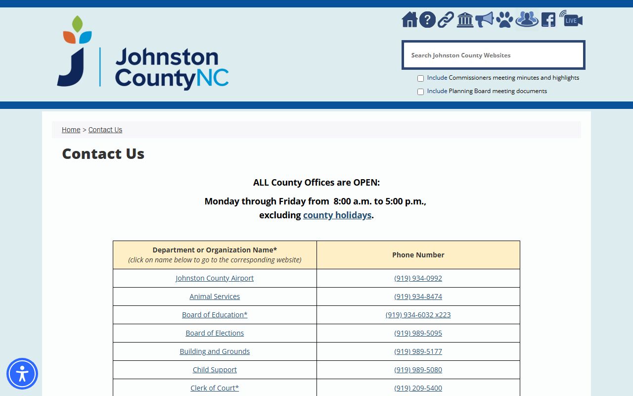 Johnston County phone directory contact page