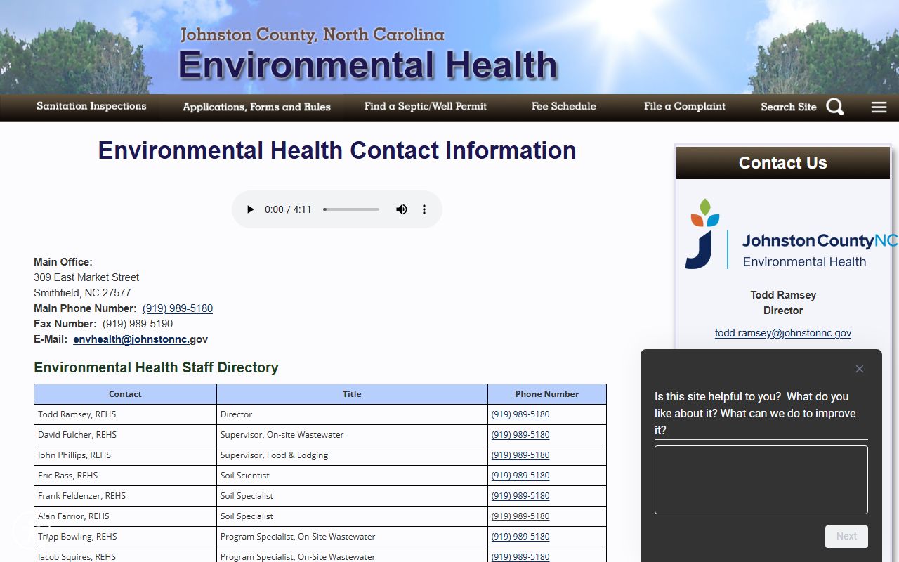Johnston County phone directory environmental health staff contacts