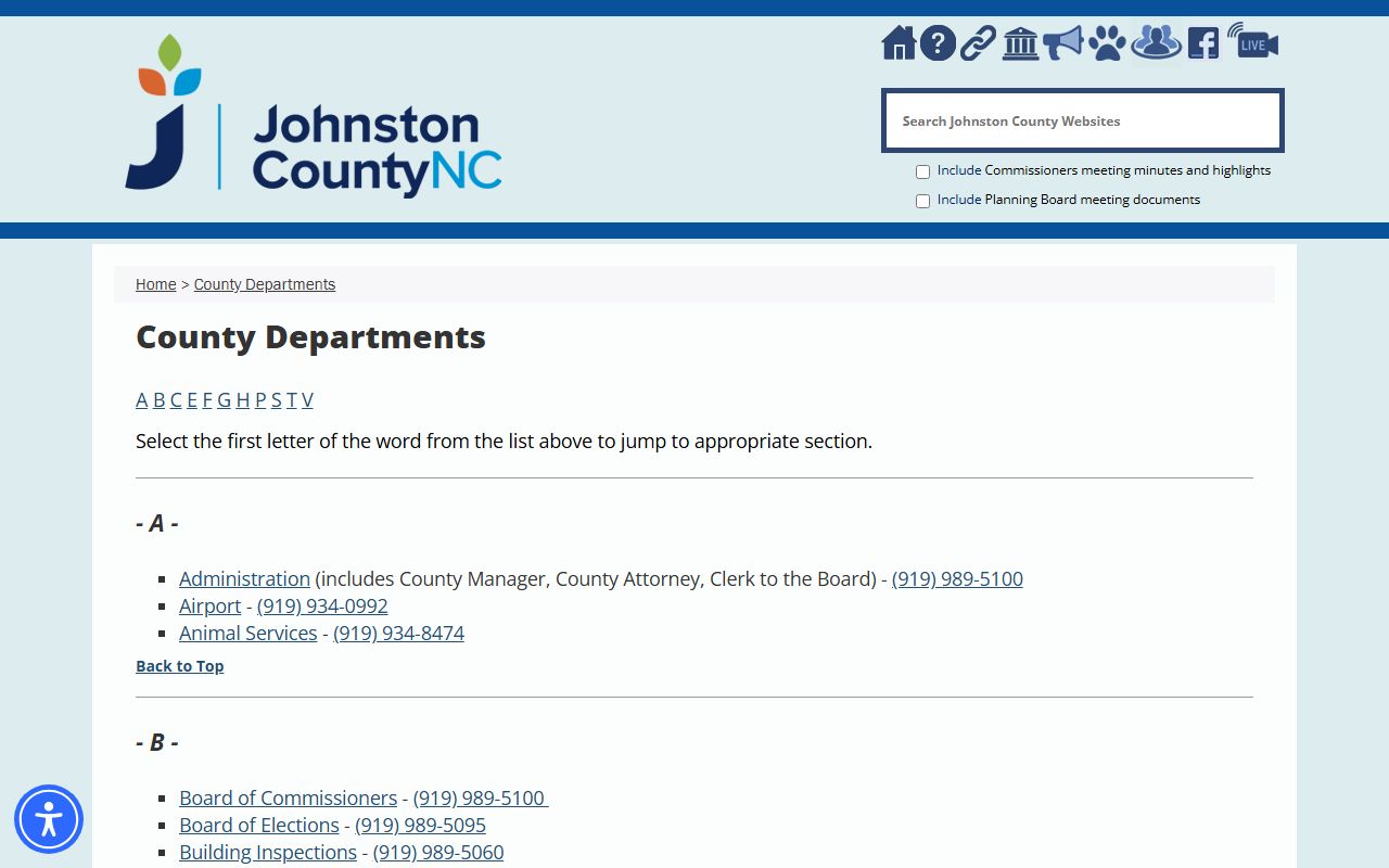 Johnston County phone directory department listing