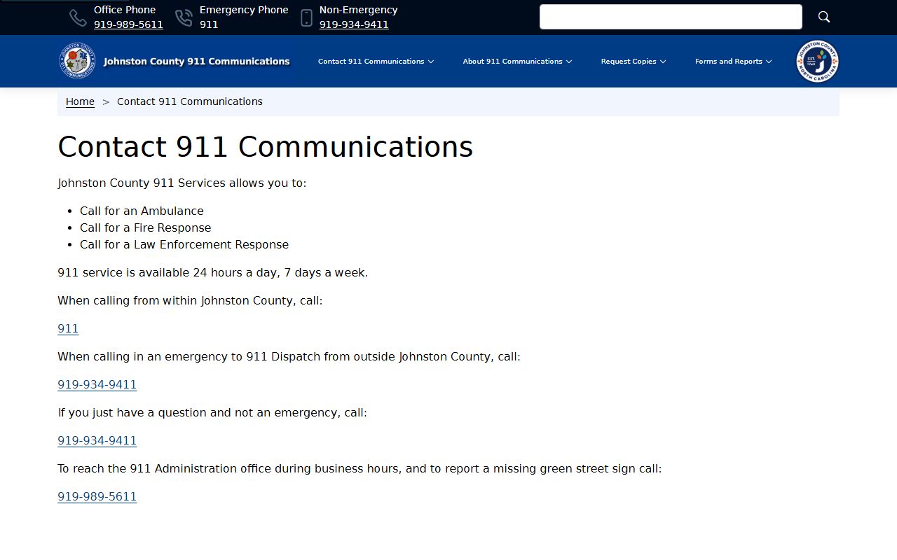 Johnston County phone directory 911 communications contacts