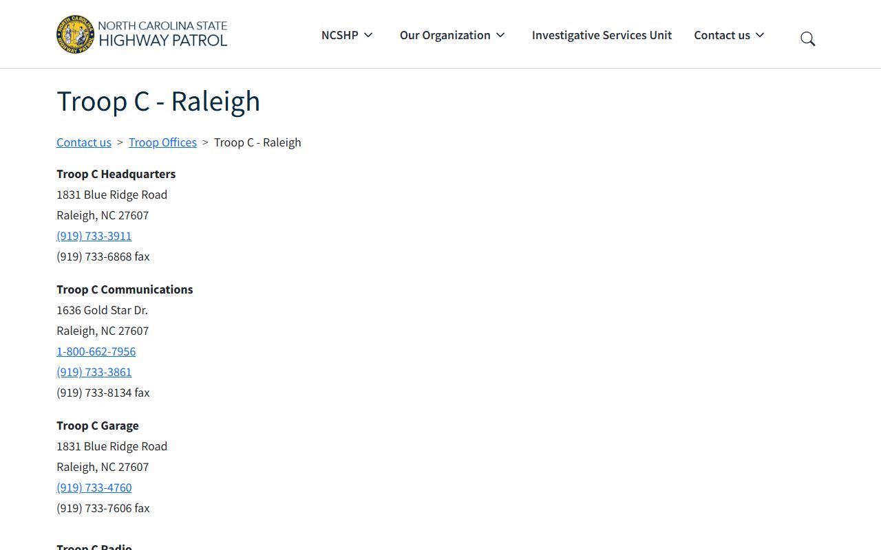 Johnston County phone code reference showing North Carolina State Highway Patrol Troop C contacts