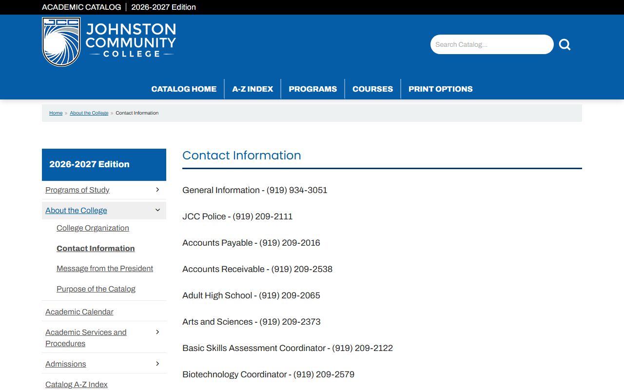 Johnston County phone code reference showing Johnston Community College contact directory