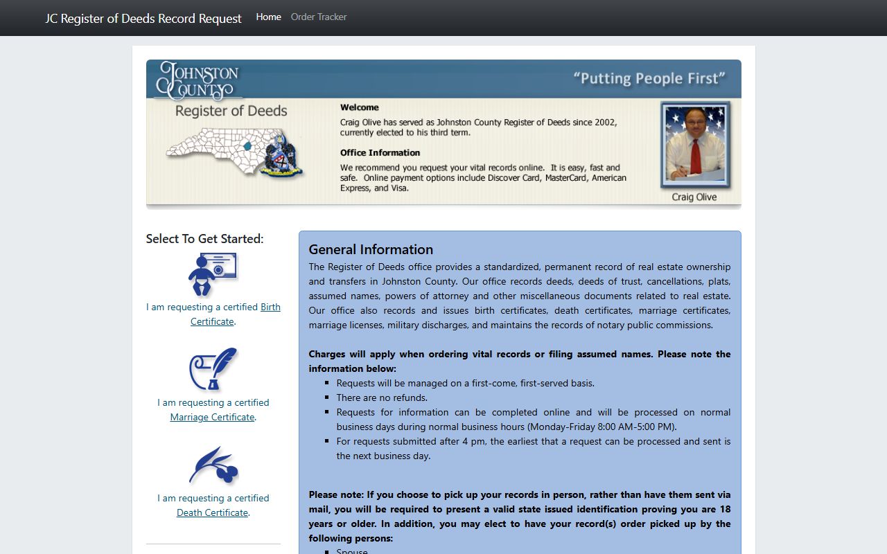 Johnston County phone numbers Register of Deeds vital records portal